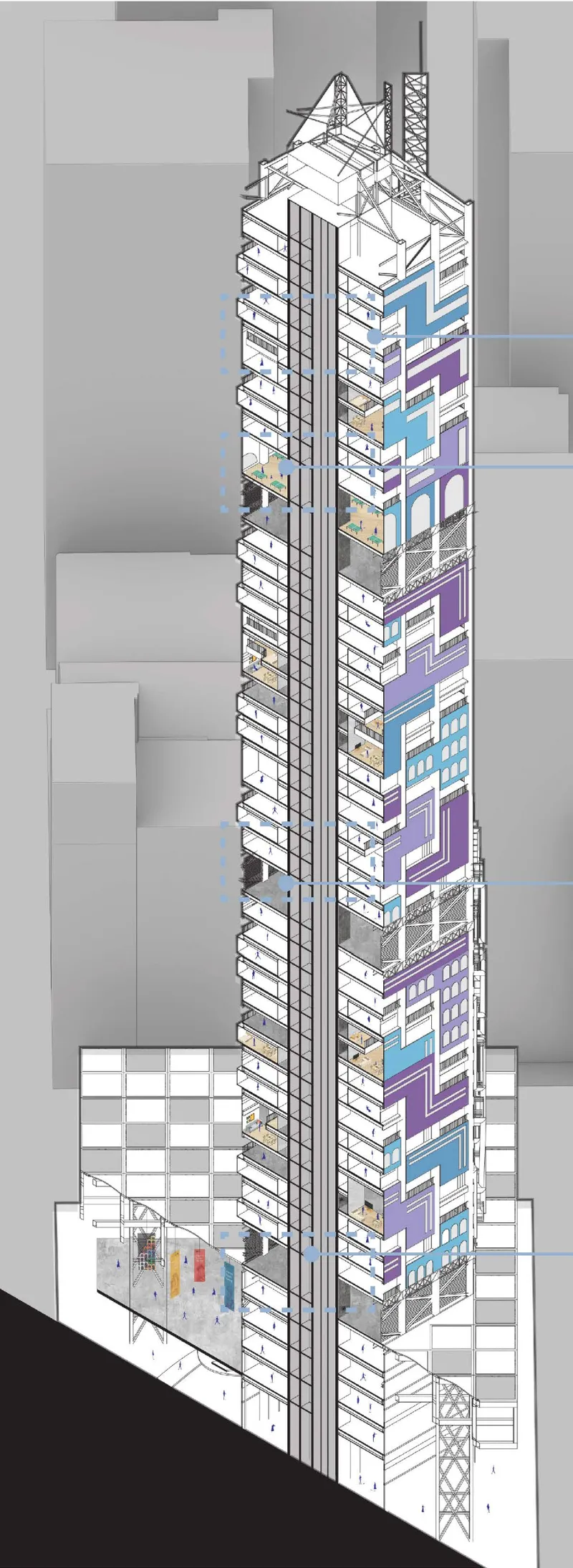 Section drawing revealing the internal floor levels and colorful facade panels of a slender high-rise