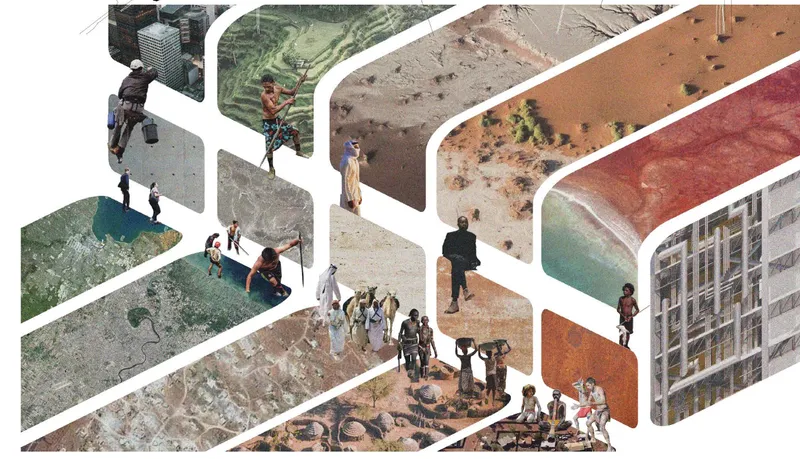 Isometric collage illustrating varied material surfaces and groups of people across interlocking bands