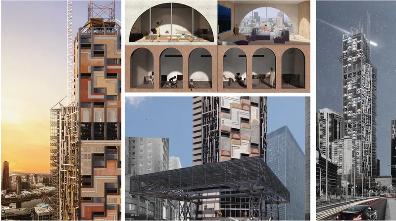 Collage of six views including tower at dusk, section with arches, and street perspectives with construction cranes