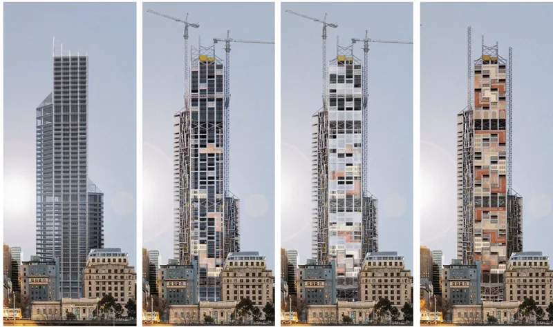 Four-panel sequence showing a residential tower under construction with cranes, changing facade panels over time