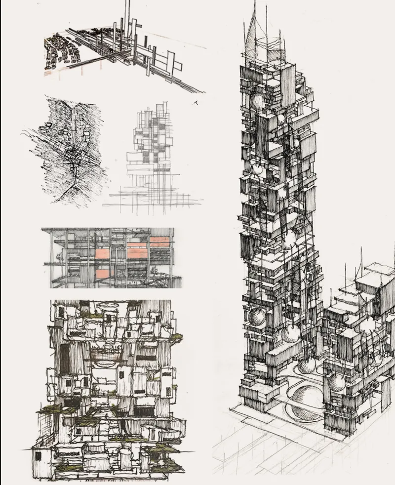 Sketch studies showing a vertical tower with layered platforms and structural frameworks in pen and ink