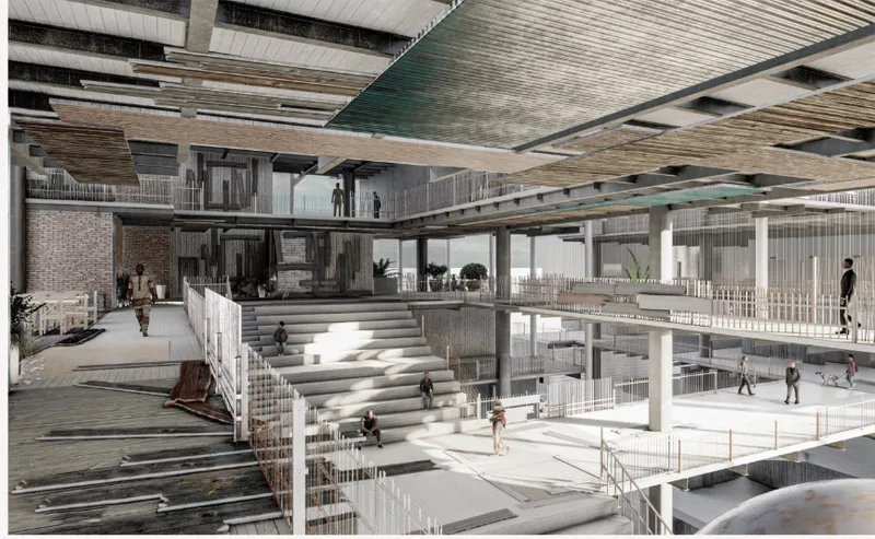 Rendering of a multi-level interior atrium with wide terraced steps and people moving between floors