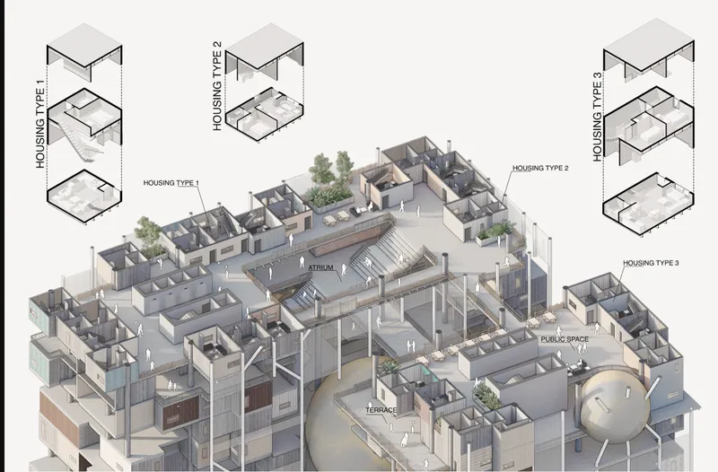 Exploded axonometric drawing showing housing unit types stacked above a shared atrium and terrace levels