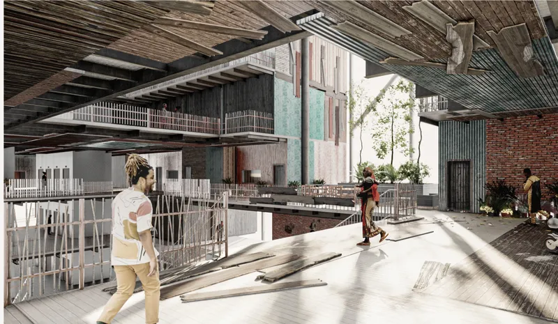 Interior circulation space with exposed timber ceiling beams and figures walking through sunlit corridors