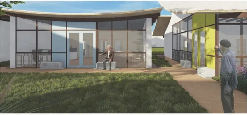 Curved roof overhang above a glass-walled interior with a person seated and another standing outside