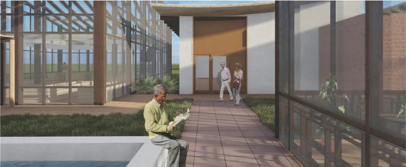 Covered walkway with timber screen walls, planted courtyard, and figures conversing near the entrance