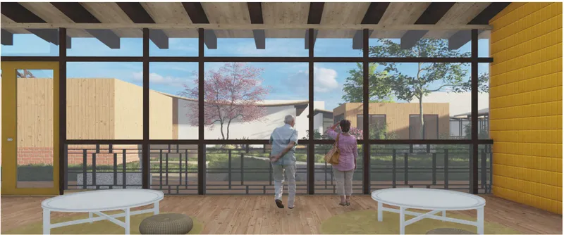 Interior view through floor-to-ceiling glazing with exposed timber beams and two figures looking outside