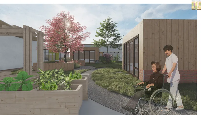 Garden courtyard with raised timber planter beds, flowering trees, and a caregiver assisting a wheelchair user