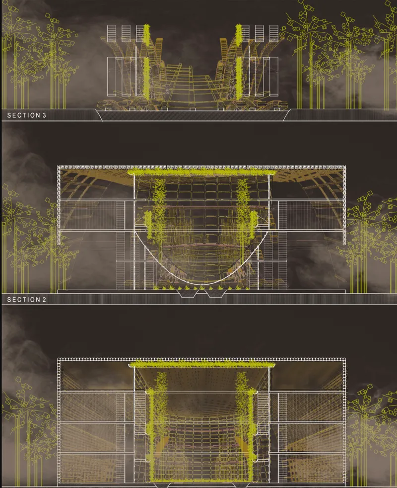 Three section drawings showing a structure with vertical gardens and layered timber louvers