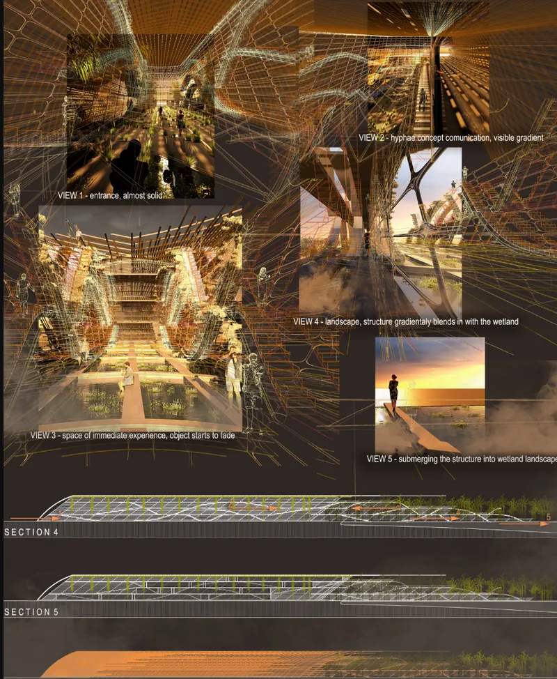 Composite presentation board with wireframe renderings and sectional views showing interior planted spaces