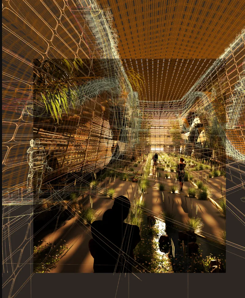 Interior rendering with wireframe overlay showing timber ceiling grid and wetland plantings below