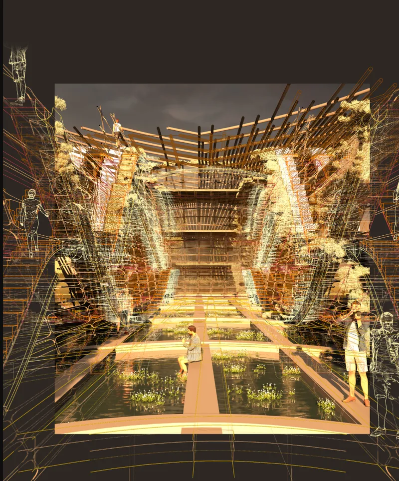 Looking up through an interior courtyard with angled timber slat ceiling and planted water channels