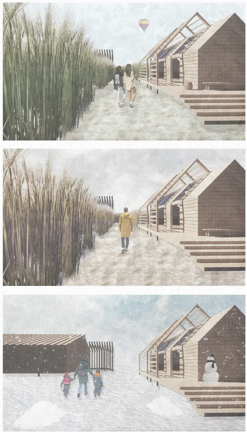 Three seasonal views of a timber-framed walkway between gabled structures with visitors in varying weather conditions