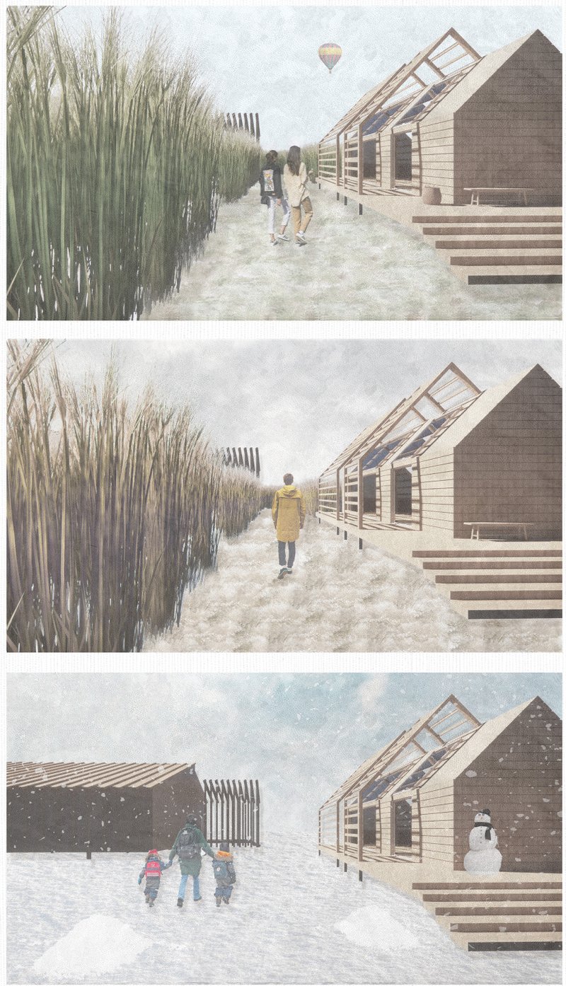 Three seasonal views of a timber-framed walkway between gabled structures with visitors in varying weather conditions