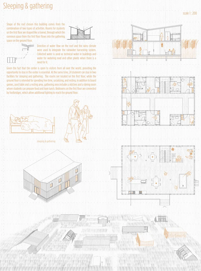 Presentation board with floor plans, sections, axonometric drawing and site plan showing residential building layouts