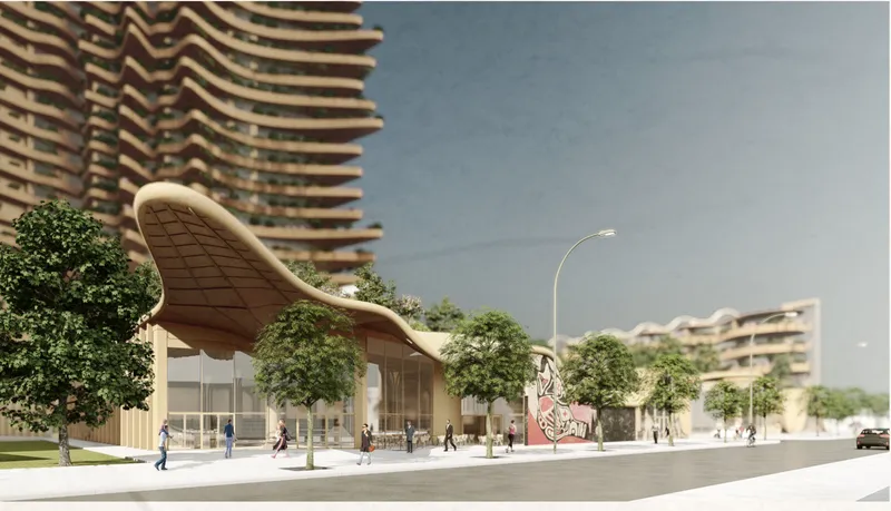 Street-level view of the curved wood canopy entrance with pedestrians and street trees