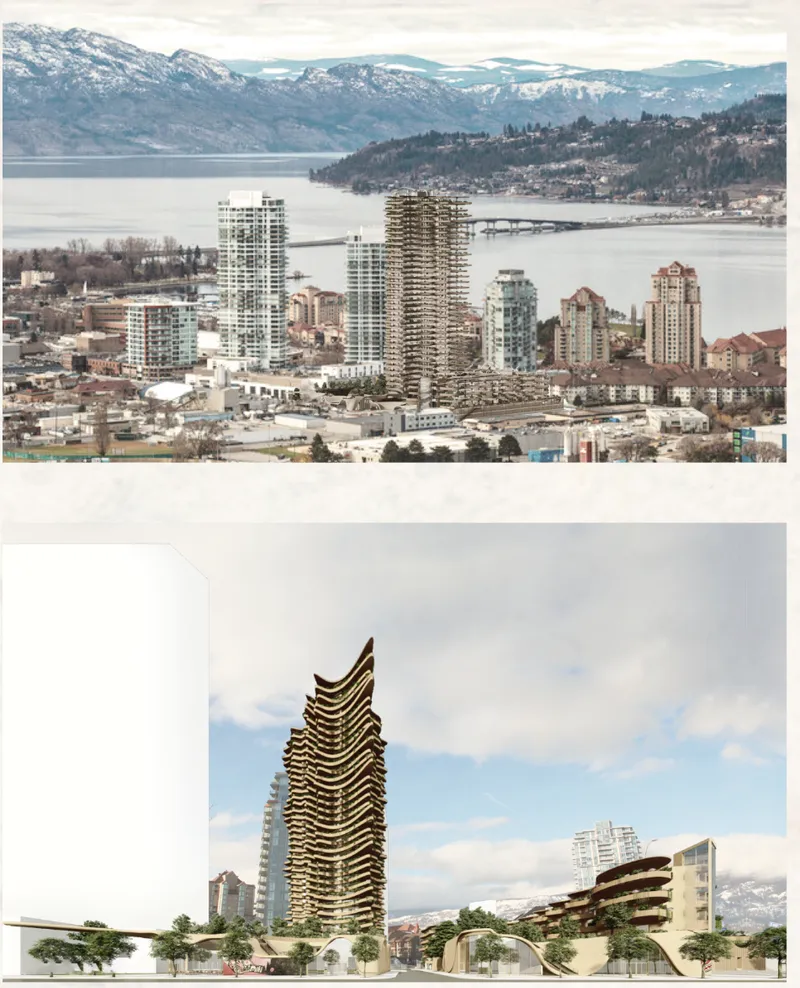 Aerial perspective showing the timber tower amid waterfront towers with mountains and lake beyond