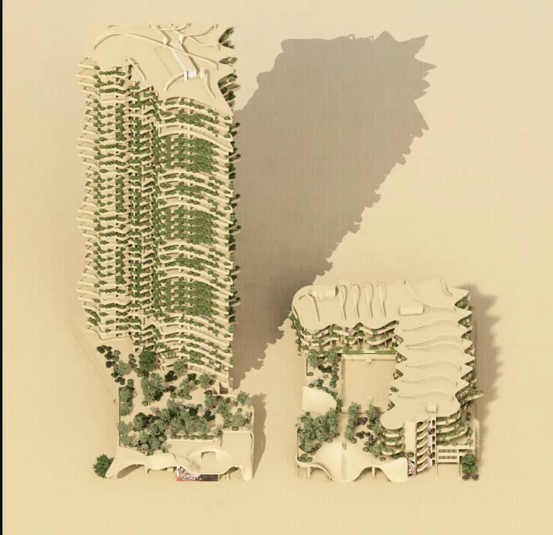 Site plan model with the tower, adjacent podium structure, and surrounding landscape elements