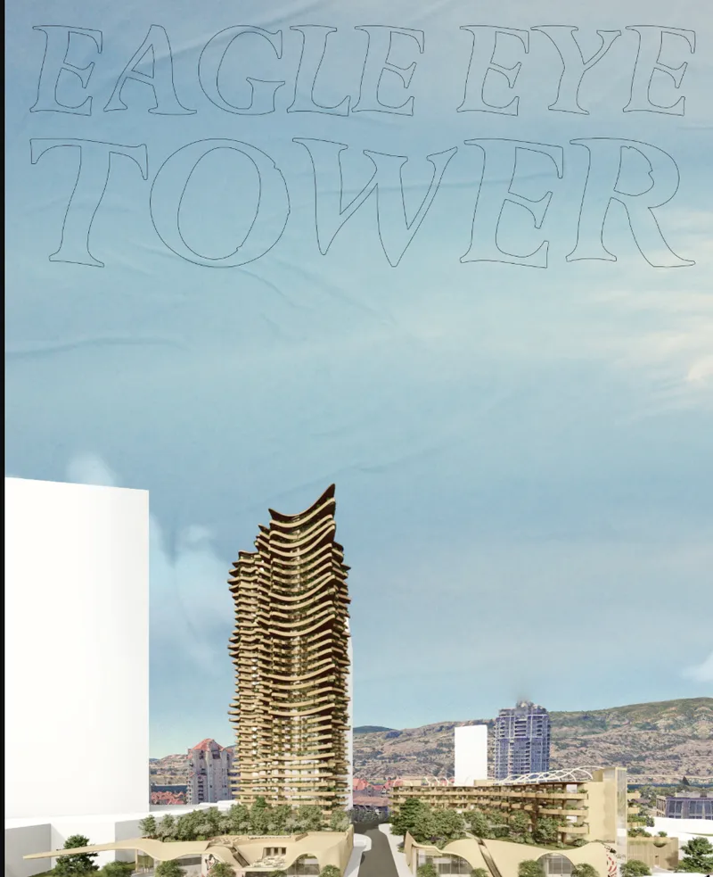 Massing model showing the spiraling timber tower rising among low-rise residential blocks and hillsides
