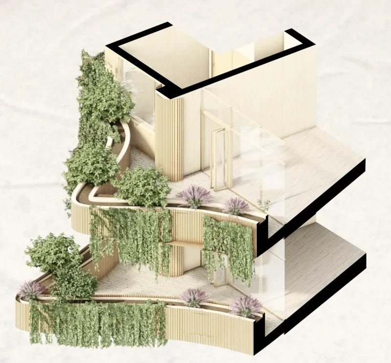 Axonometric drawing of stacked balconies with cascading vegetation and vertical timber slats