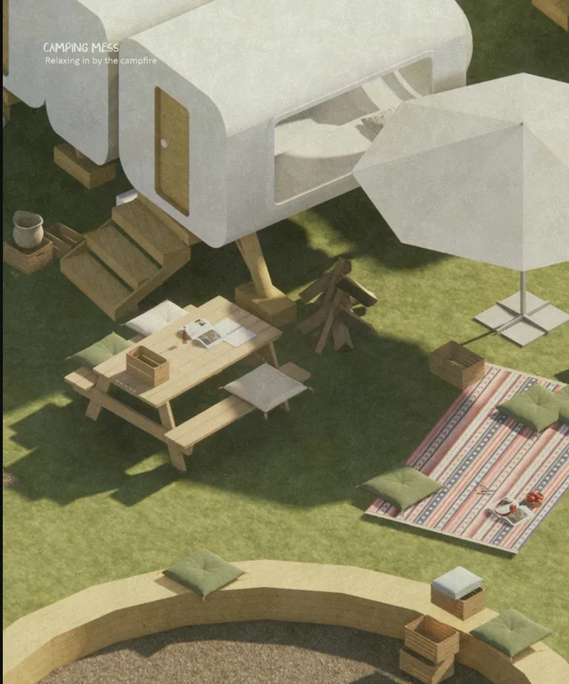 Axonometric rendering showing camping area with picnic table, fire pit, and tent-like structures on grass