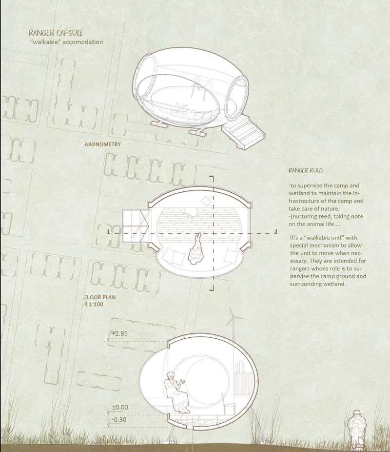 Axonometric, section, and floor plan drawings of an oval capsule unit with curved roof
