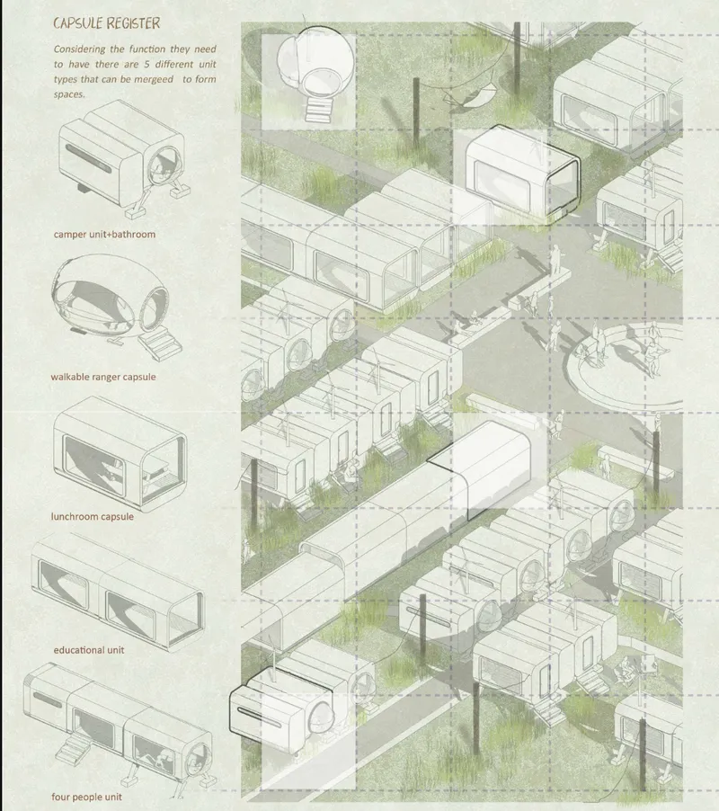Isometric drawing of modular capsule units arranged in a grid with vegetation and circulation paths