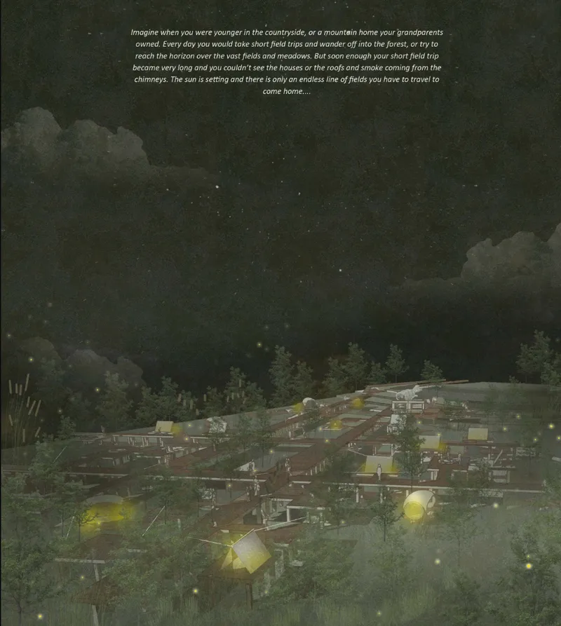 Hillside settlement rendering with glowing yellow structures nestled among trees under a starlit night sky