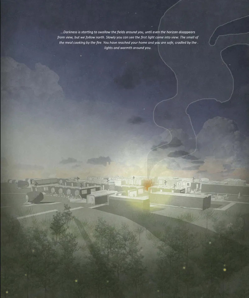 Aerial rendering of low-lying volumes with illuminated yellow units scattered across a flat landscape at dusk