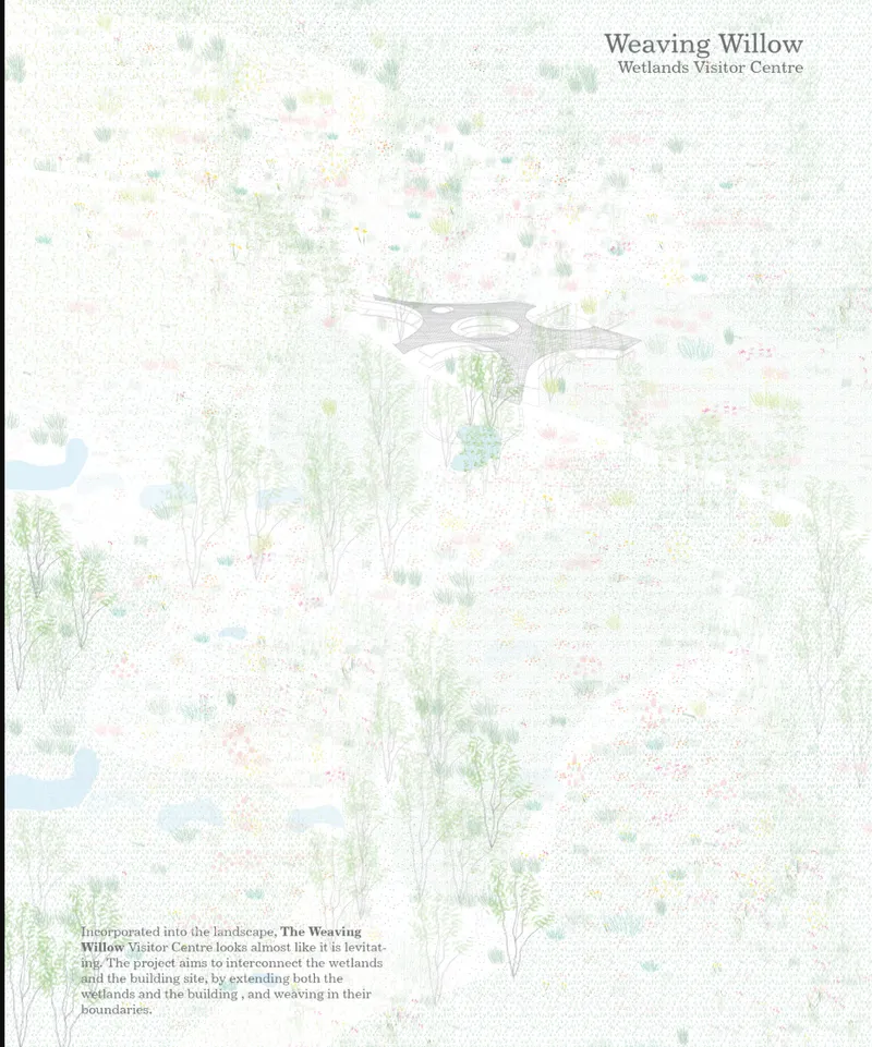 Site plan drawing showing the lobed building form nestled among wetland vegetation and waterways