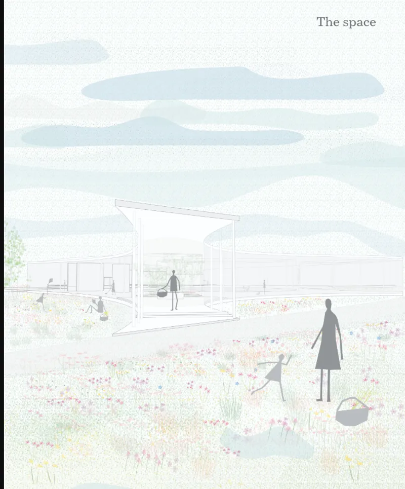 Section drawing showing the cantilevered roof sheltering interior spaces with visitors in surrounding flower meadow