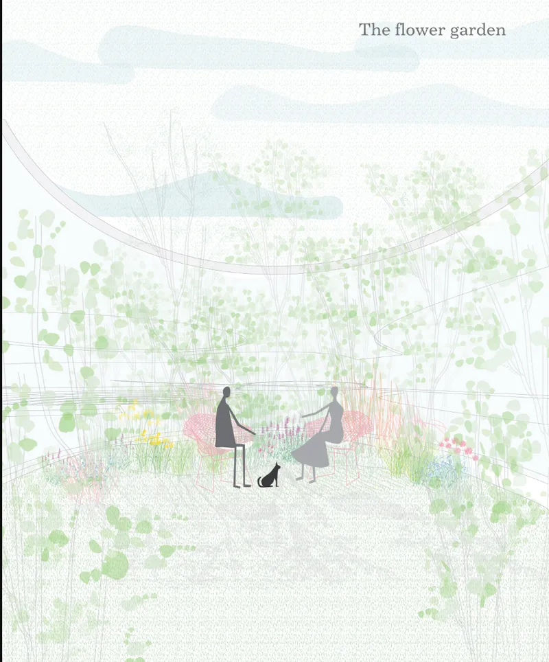 Interior perspective drawing of a planted courtyard garden with overhead trellis structure and two visitors with dog