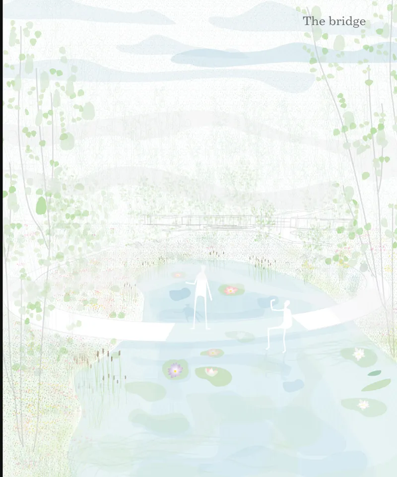 Elevation drawing showing a low bridge crossing a pond with water lilies and reeds beneath overhanging trees