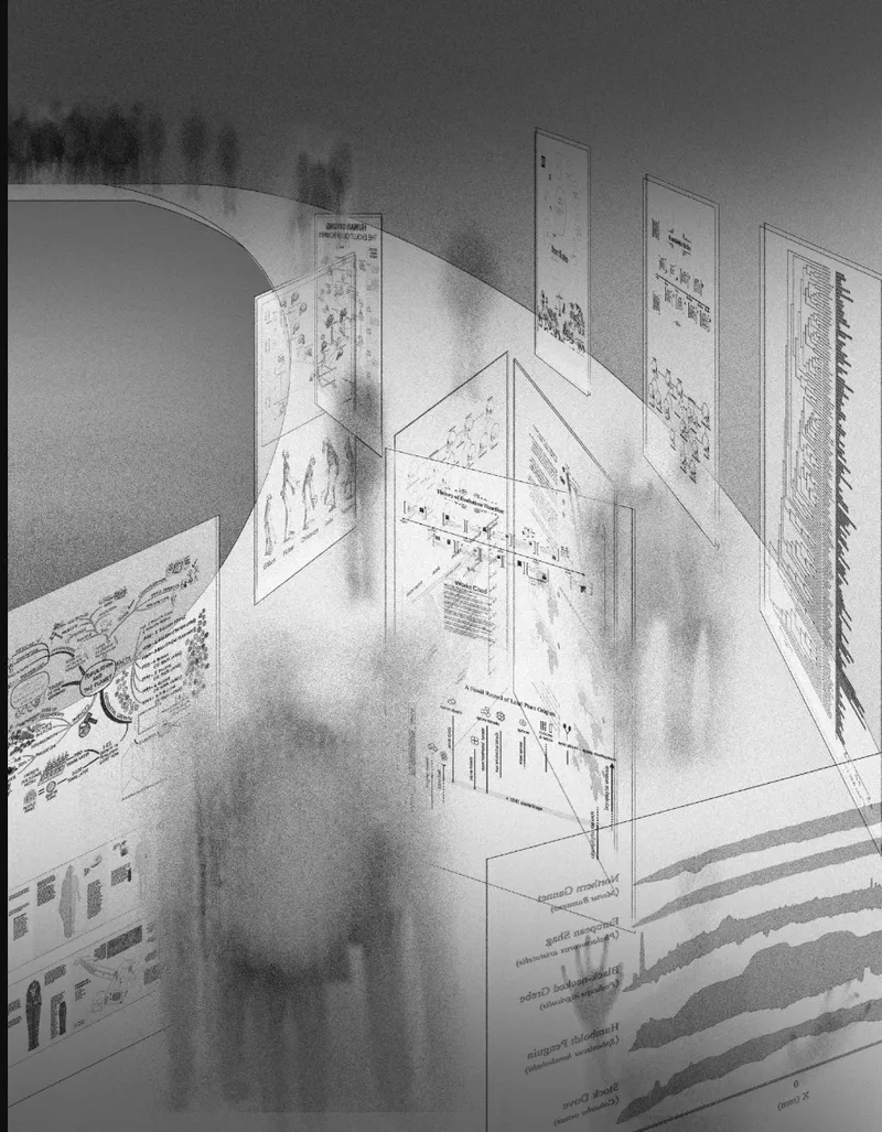 Axonometric drawing of translucent panels with diagrams and text suspended in atmospheric shadows