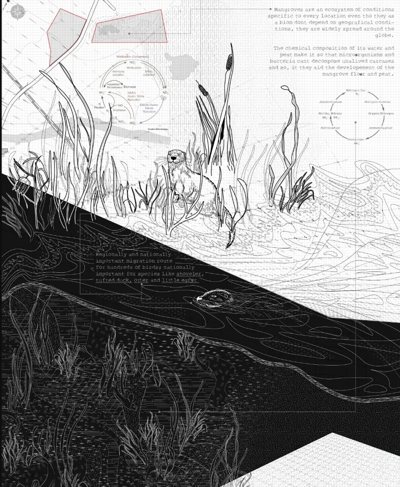 Section drawing showing wetland grasses and reeds above a layered subsurface with embedded diagrams