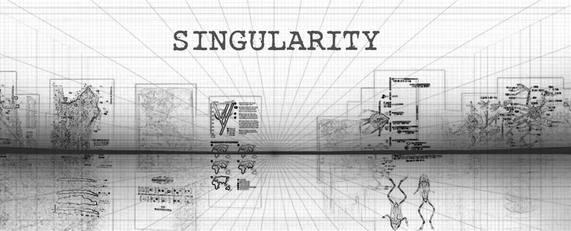 Perspective drawing showing a grid space with floating panel diagrams reflected in a water surface