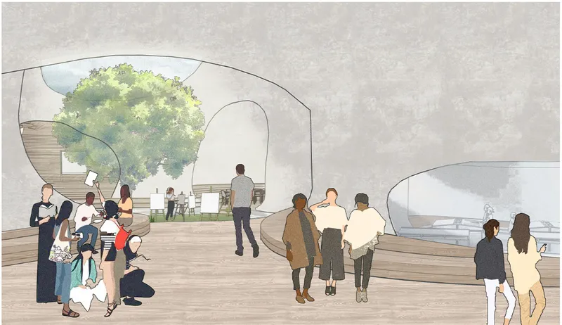Rendered section perspective showing the interior courtyard space with curving walls and visitors gathered beneath a central tree