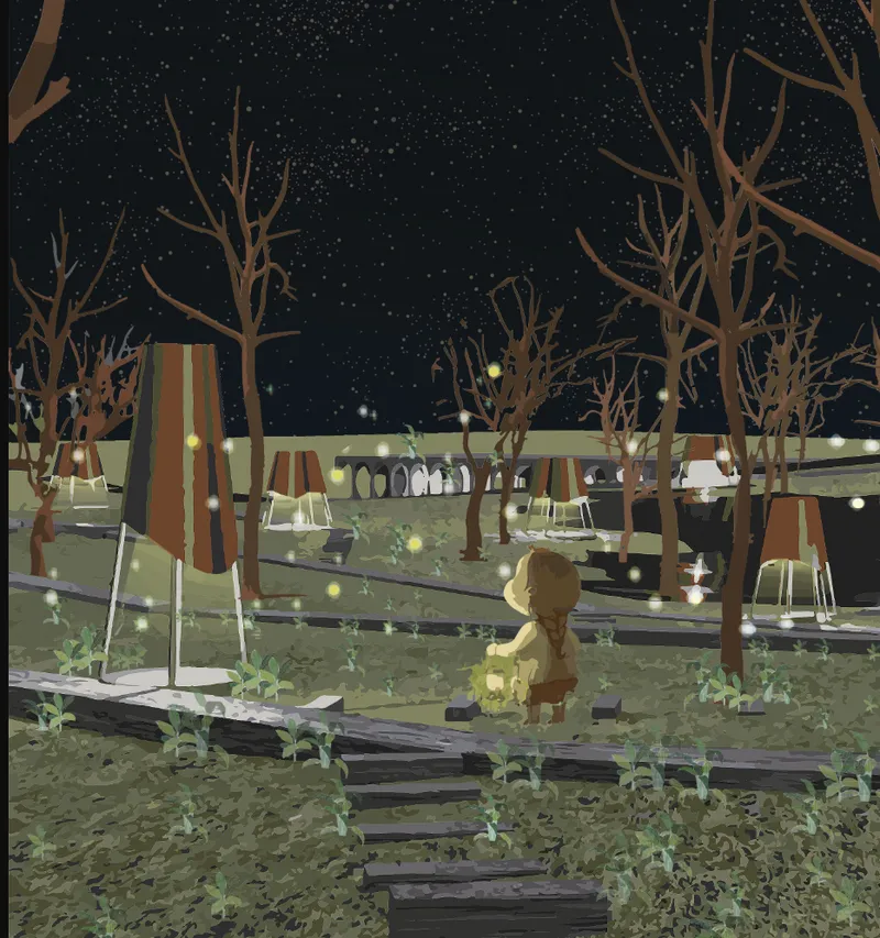 Digital rendering of a nighttime plaza with conical pavilions, bare trees, and illuminated lanterns