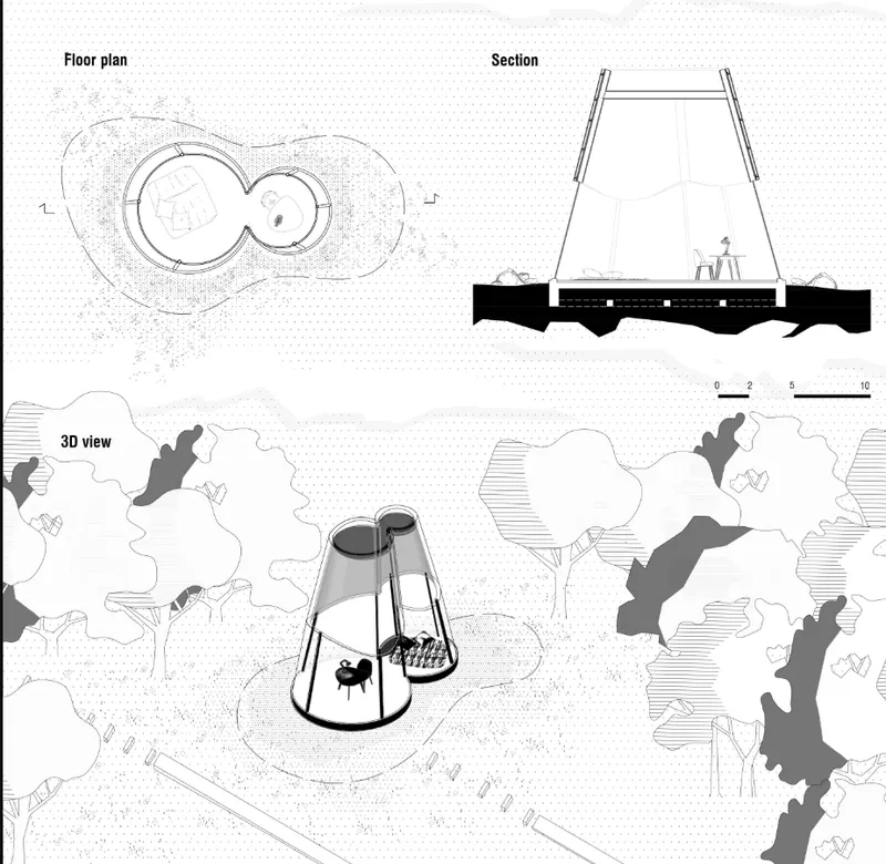 Floor plan, section, and 3D view drawings showing a tapered pavilion structure among trees