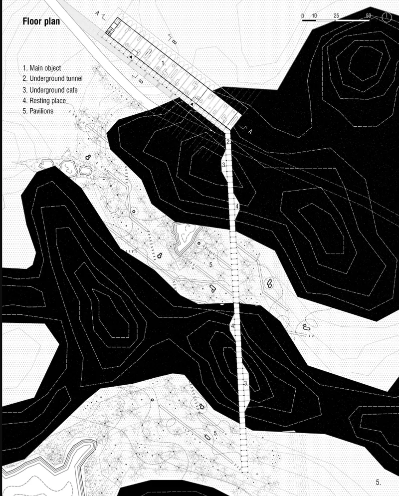 Floor plan drawing showing topographic contours, a linear circulation spine, and scattered pavilions