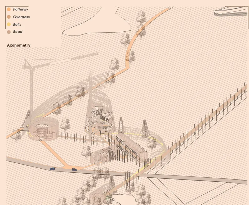 Axonometric drawing showing domed volumes with overhead cranes along a winding pathway with trees