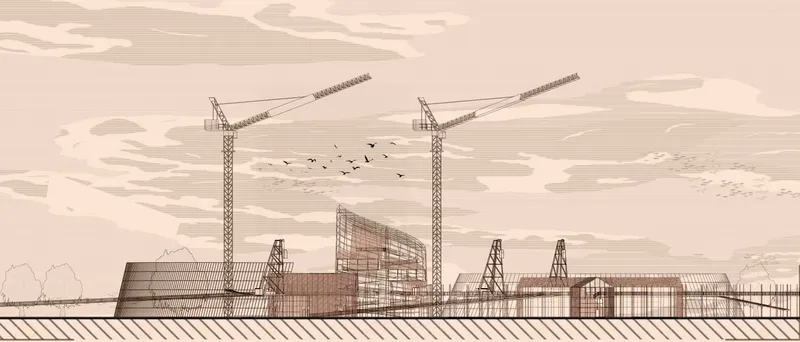 Elevation drawing depicting clustered volumes with construction cranes and birds flying overhead