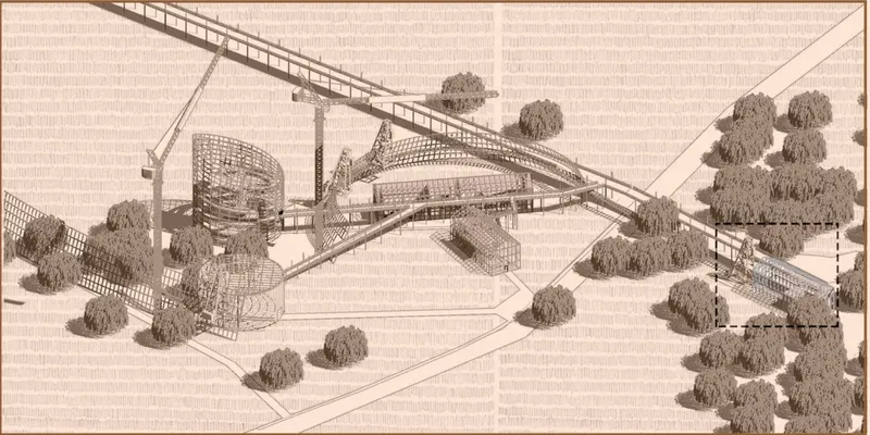Aerial perspective drawing of curved volumes connected by an elevated rail line with scattered trees