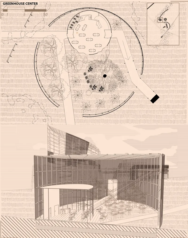 Plan and section drawings of a circular greenhouse center with glazed curved walls and planted interior