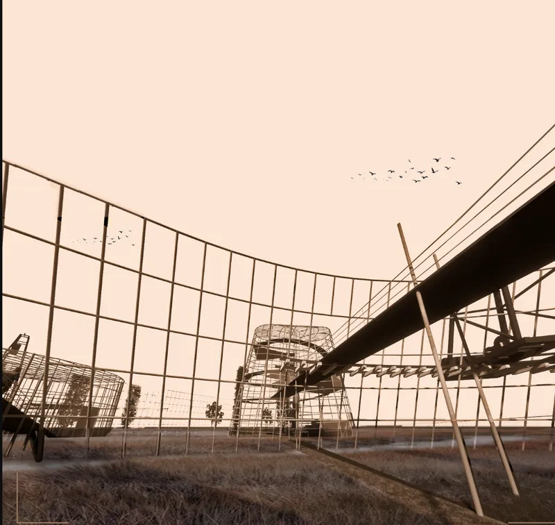 View through the curved glass facade toward spiral towers and overhead rail with birds in flight