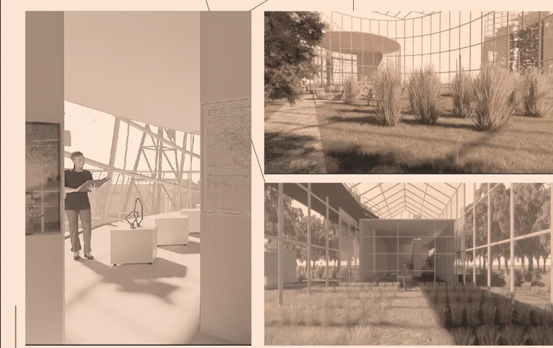 Rendered interior views and exterior perspectives showing glazed pavilions with ornamental grasses and exposed structural framing