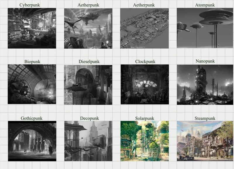 Diagram grid displaying twelve different visual style categories with corresponding rendered architectural scenes and urban landscapes