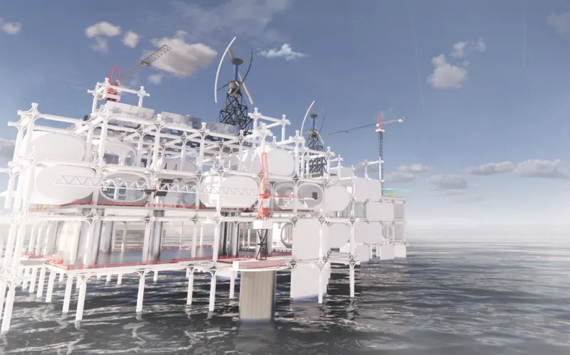 White modular floating structure with exposed framework and construction cranes under a blue sky with scattered clouds