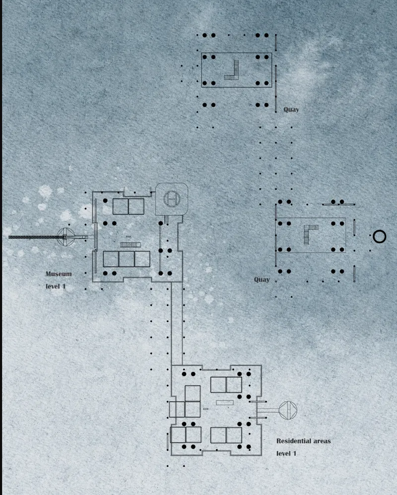Floor plan drawing showing museum spaces, quay areas, and residential zones connected by a circulation pier