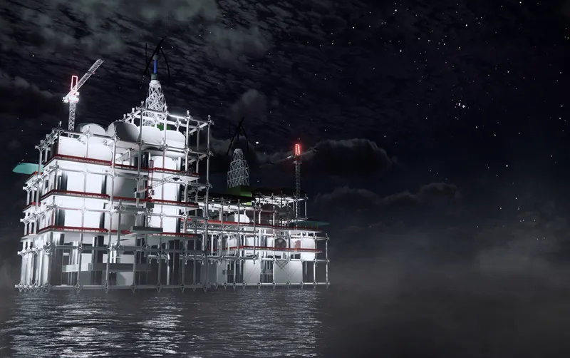 White stacked modules on stilts over water at night with stars visible in the dark sky